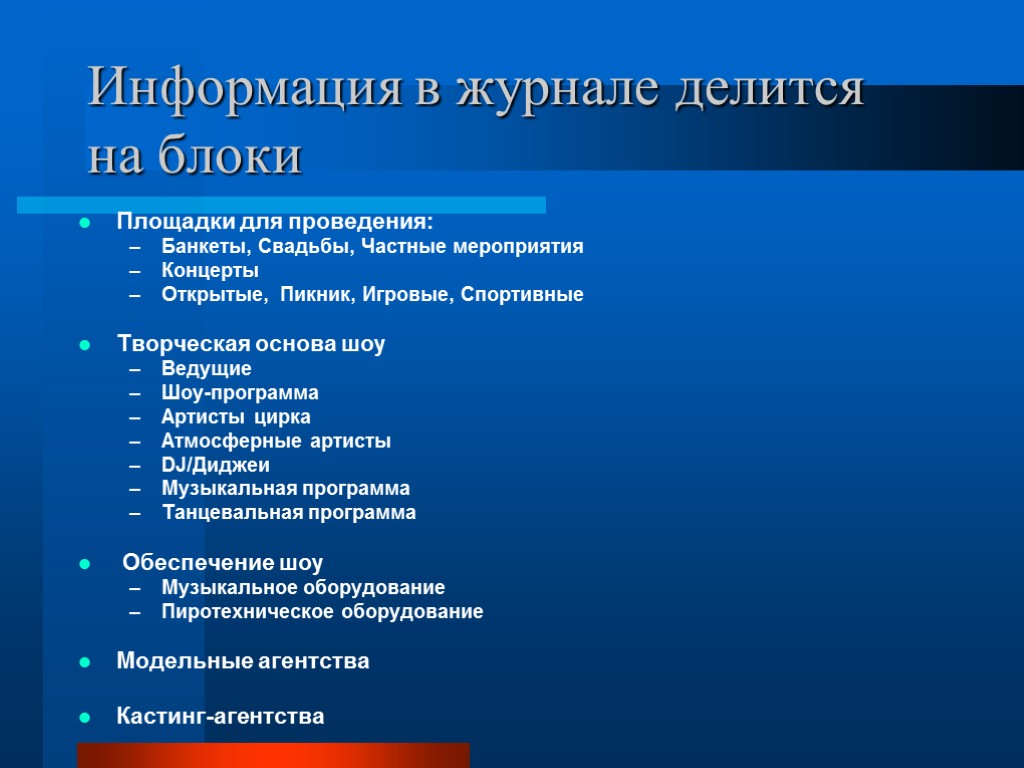 Информация в журнале делится на блоки Площадки для проведения: Банкеты, Свадьбы, Частные мероприятия Концерты